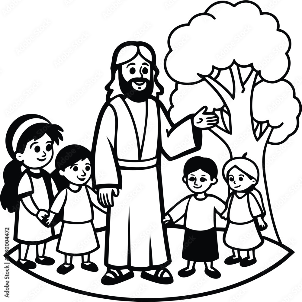 vector mascot jesus with children in the park on white background vector mascot jesus with children in the park on white background