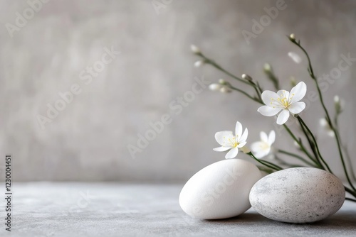 Elegant floral arrangement with stones and white blossom on subtle grey background