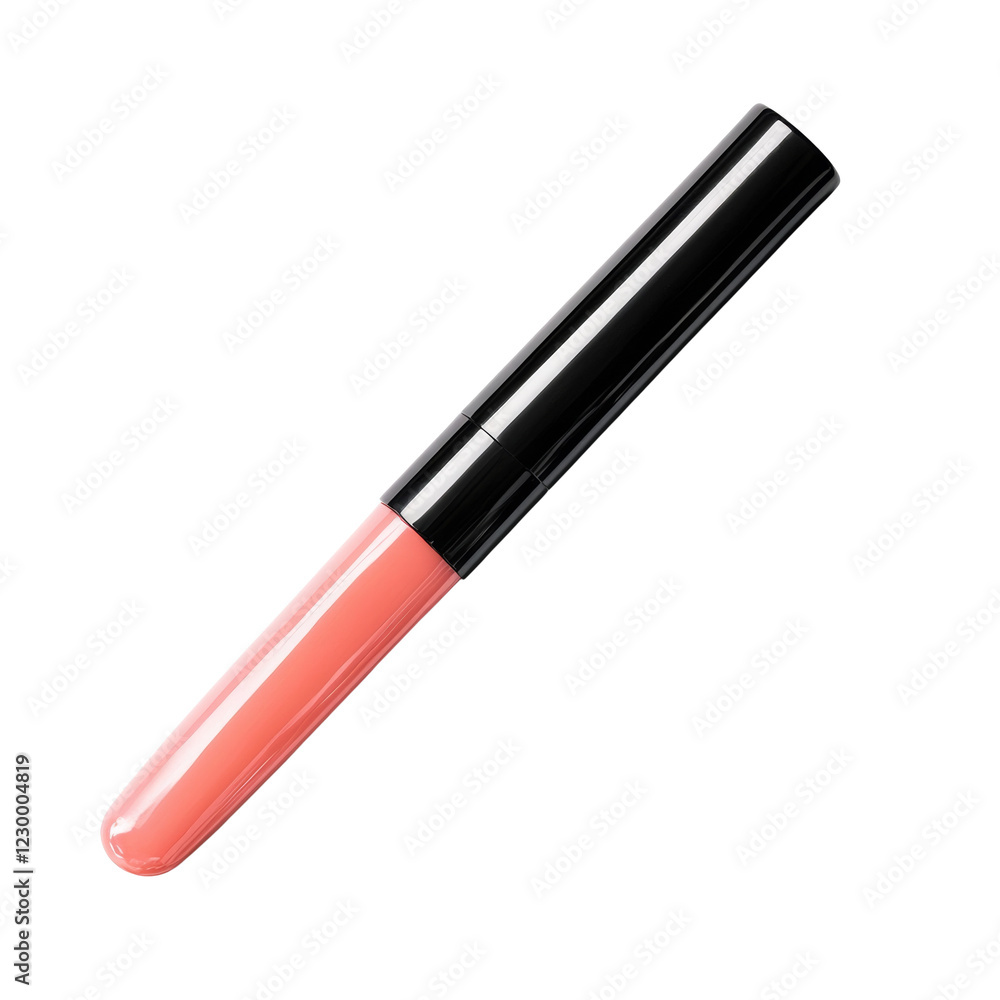 A coral pink lip gloss in a sleek black tube is shown against a black background. A coral pink lip gloss in a sleek black tube is shown against a black background.