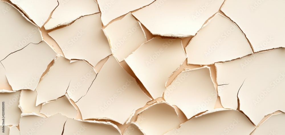 Close-up of broken ceiling panels with visible peeling paint and cracks, emphasizing the effects of prolonged water exposure Close-up of broken ceiling panels with visible peeling paint and cracks, emphasizing the effects of prolonged water exposure
