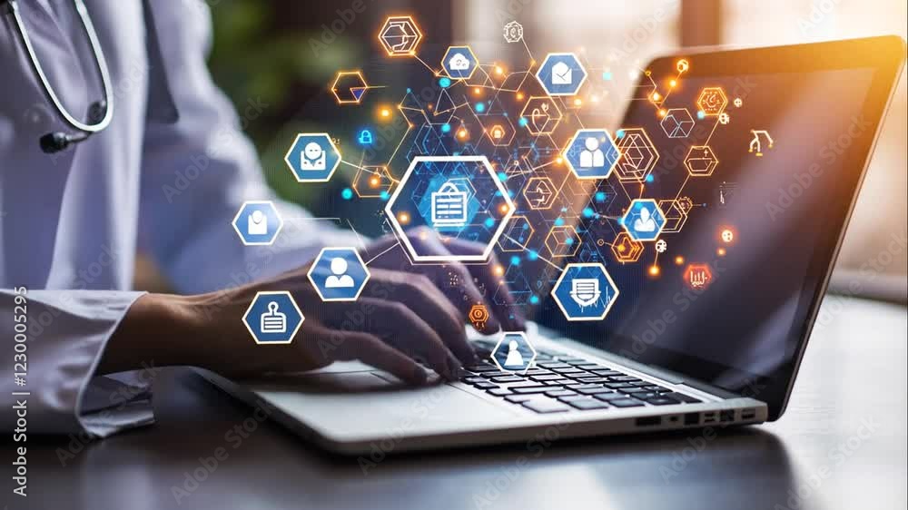 Person using a laptop with digital data visualization, representing artificial intelligence and big data analytics. Person using a laptop with digital data visualization, representing artificial intelligence and big data analytics.