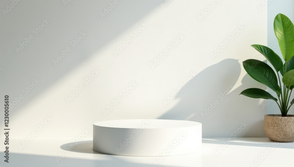 Simple white wood pedestal with empty white space around and soft sunlight, wood, white Simple white wood pedestal with empty white space around and soft sunlight, wood, white