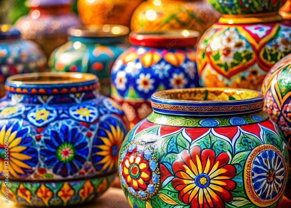 Bokeh Effect: Colorful Pottery Patterns, Artistic Ceramic Designs, Close-Up Studio Shot Bokeh Effect: Colorful Pottery Patterns, Artistic Ceramic Designs, Close-Up Studio Shot