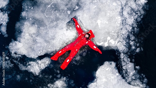 Foto Aerial view of man ice floating on icy water in bright red survival suits