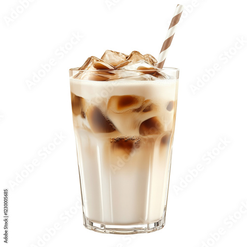 A refreshing iced coffee drink in a glass with ice cubes and a striped straw. photo