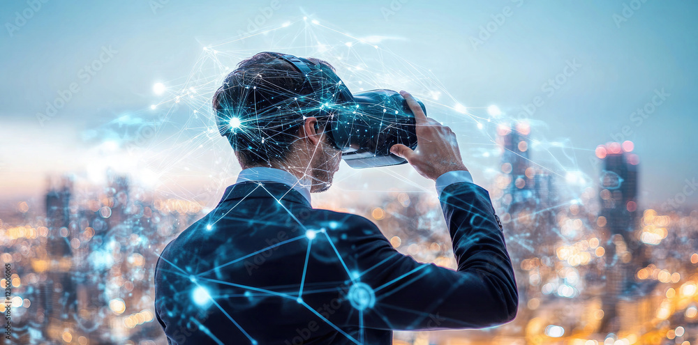 Businessman Using Virtual Reality with Futuristic Cityscape Overlay Businessman Using Virtual Reality with Futuristic Cityscape Overlay