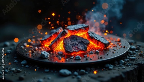 Sparkling embers scattered across a metal plate, ash, pyrope, fire photo