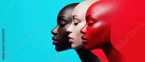 Three stylized mannequin heads in profile, showcasing diverse skin tones against a vibrant background.
