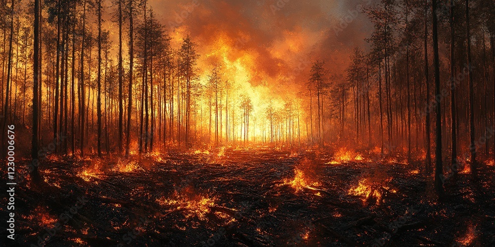 Devastating wildfires engulf a forest, illuminating the sky with intense flames during sunset Devastating wildfires engulf a forest, illuminating the sky with intense flames during sunset