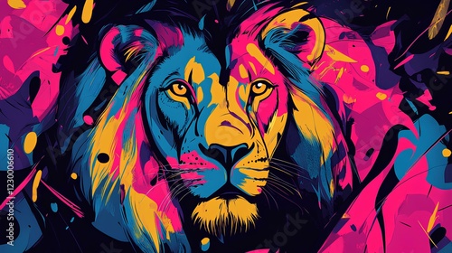 Vibrant Neon-Colored Lion Portrait Art
