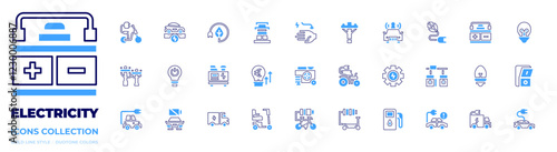 Electricity icon collection. Bold line style. Duotone colors. off, electric pole, electric car, electric generator, electric bicycle, price, electrical service, wheelchair