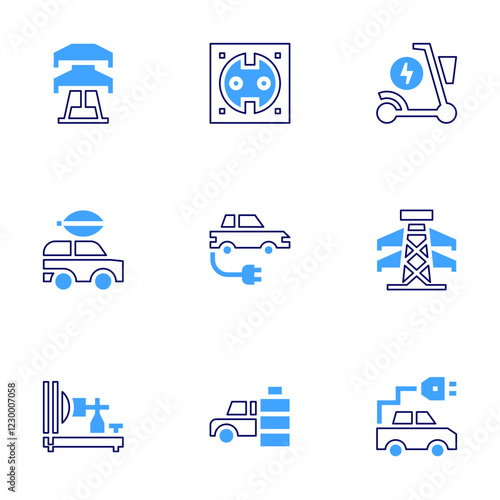 Electricity icon set. Bold line style. Duotone colors. Editable stroke. electric car, electric power, electric socket, electric telegraph, electric scooter, electric tower