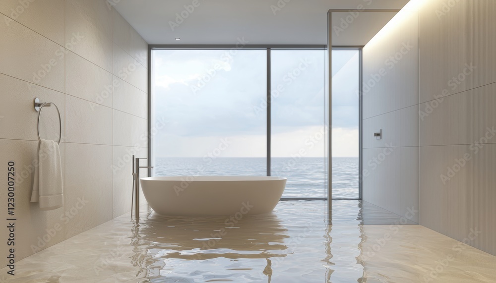 Fototapeta premium Modern bathroom submerged in water, showcasing the impact of leaks or overflow, with natural light streaming through the window