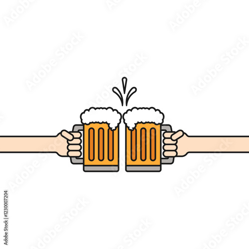 Hands holding beer mugs and clink together. Cheers and toasting. Vector outline icon and illustration on white background.