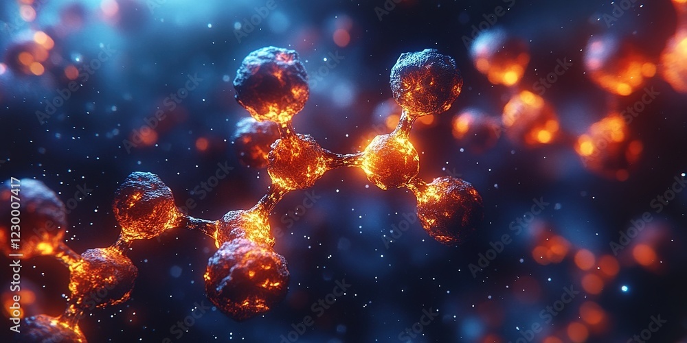 Molecular structures glowing in vibrant colors depict dynamic interactions in a surreal scientific environment Molecular structures glowing in vibrant colors depict dynamic interactions in a surreal scientific environment