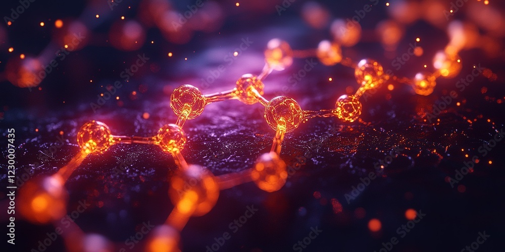 Molecular structure with glowing elements reflecting energetic reactions in a dark atmosphere Molecular structure with glowing elements reflecting energetic reactions in a dark atmosphere