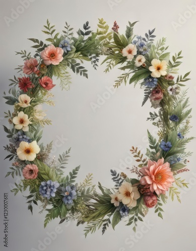 Intricate watercolor floral wreath with mixed foliage, intricate design, flower arrangement, foliage