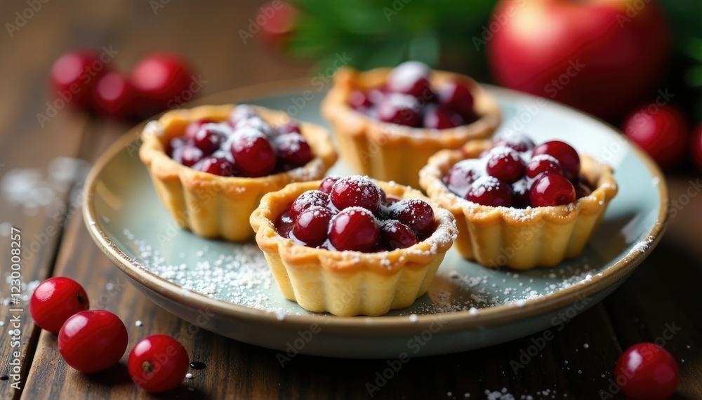 A bowl of miniature tarts filled with cranberry compote and topped with powdered sugar, centerpiece, seasonal A bowl of miniature tarts filled with cranberry compote and topped with powdered sugar, centerpiece, seasonal