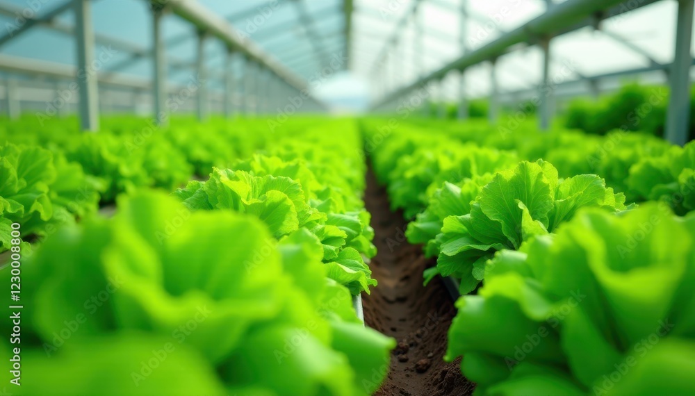 Rows of vibrant green leafy vegetables thriving in a greenhouse , stems, spinach, fresh Rows of vibrant green leafy vegetables thriving in a greenhouse , stems, spinach, fresh