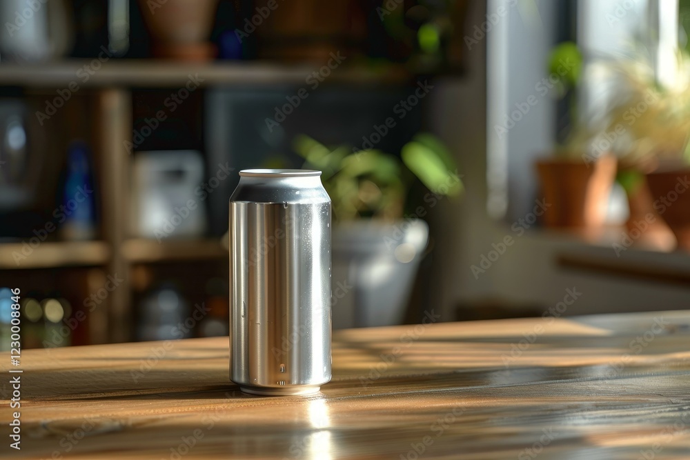 Blank aluminum can standing on a wooden table with the sun shining through a window in the background Blank aluminum can standing on a wooden table with the sun shining through a window in the background