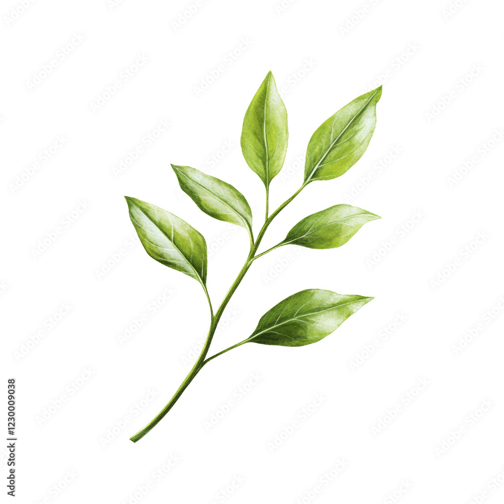 A detailed watercolor painting depicts a single green branch with multiple leaves against a black background.