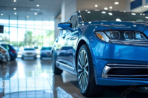 Gleaming Contemporary Luxury Blue Vehicle on Showroom Polished Tiles Among Upscale Car Inventory 