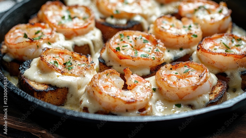 Seared shrimp in a light, rich cheese sauce, garnished with herbs. A delicious and hearty appetizer. Seared shrimp in a light, rich cheese sauce, garnished with herbs. A delicious and hearty appetizer.