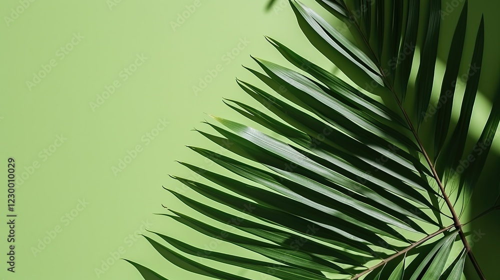 Palm leaf shadow on a pure green wall background, blank copy space 