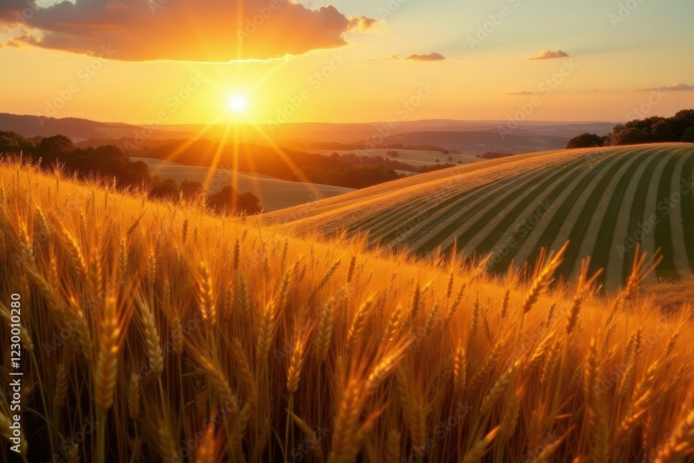 Obraz premium Sun-drenched wheat field at dusk, rolling hills , clouds, idyllic