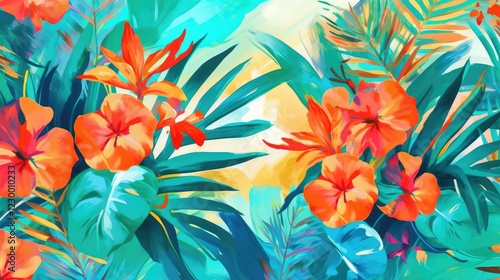 watercolor vibrant and energetic summer background using bright red-orange turquoise-green tropical floral motif
