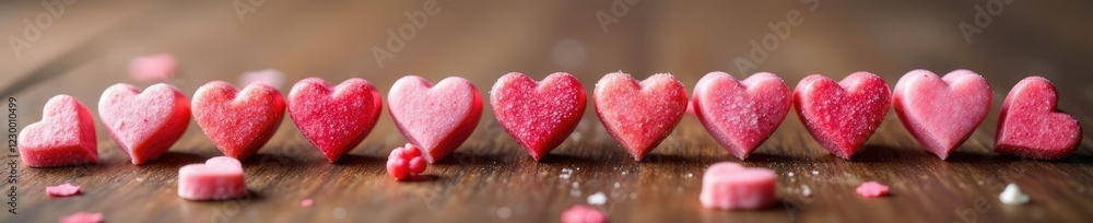 Obraz premium A row of small heart-shaped candies on a wooden table, hearts, sweets, colorful