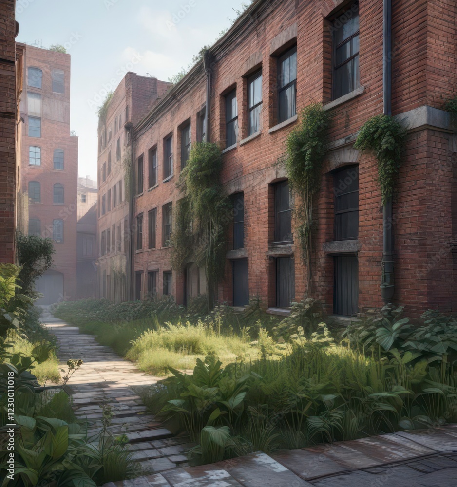 Fototapeta premium Muted urban landscape with overgrown vegetation and weathered brick facades, urban jungle, worn, urban decay