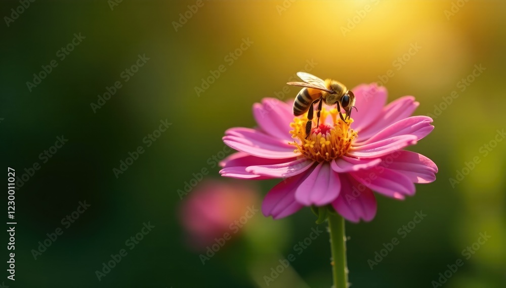 A single golden bee hovering above a dark flower, sunlight, nature A single golden bee hovering above a dark flower, sunlight, nature