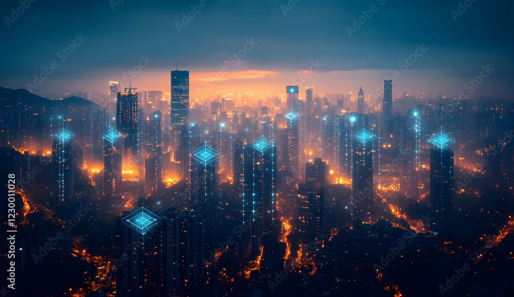 Fototapeta premium Digital twin technology in business and industry with interconnected icons and urban skyline