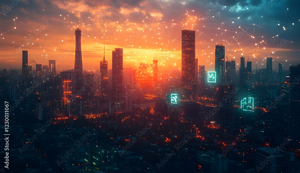 Fototapeta premium Digital twin technology in business and industry with interconnected icons and urban skyline