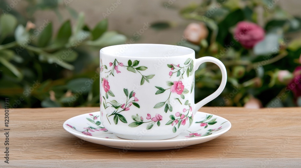 White Teacup and Saucer with Delicate Pink Rose Pattern White Teacup and Saucer with Delicate Pink Rose Pattern