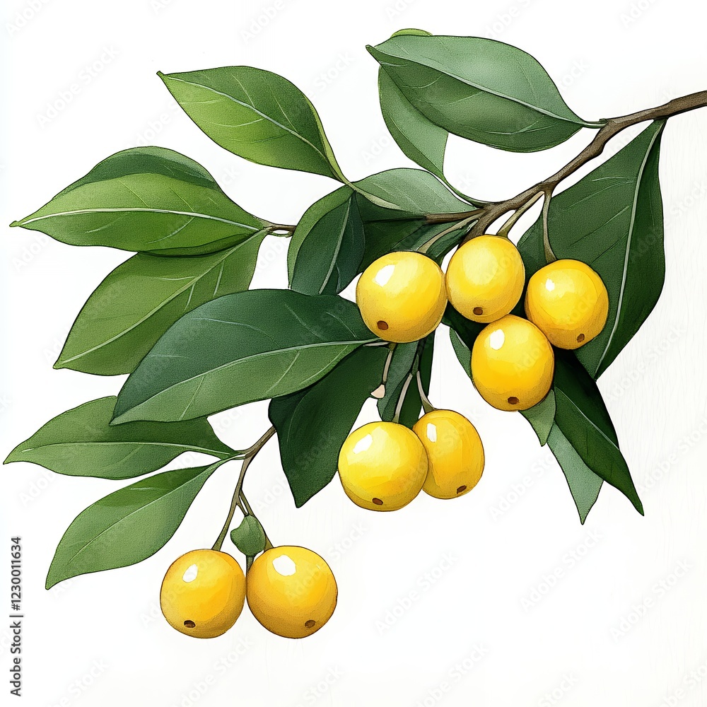 Vibrant Watercolor Painting of Yellow Berries and Lush Green Leaves on a Branch Vibrant Watercolor Painting of Yellow Berries and Lush Green Leaves on a Branch