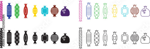 Sweets and candy icon set. Chocolate bars, caramel, toffee and lollipop on sticks, marmalade bears. Confectionery shop elements for birthday kids present cartoon flat isolated vector collection.