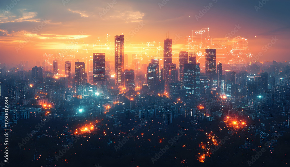 Fototapeta premium Digital twin technology in business and industry with interconnected icons and urban skyline