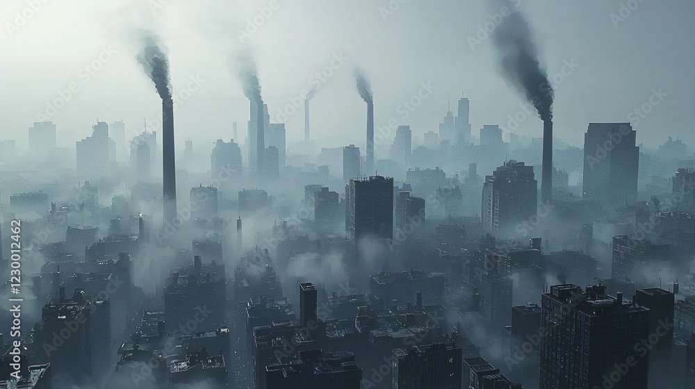 Smoky City Skyline with Industrial Chimneys Creating a Hazy Atmospheric Environment. Smoky City Skyline with Industrial Chimneys Creating a Hazy Atmospheric Environment.