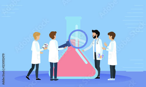 Medical team analyzing chemical liquid in laboratory flask using magnifying glass