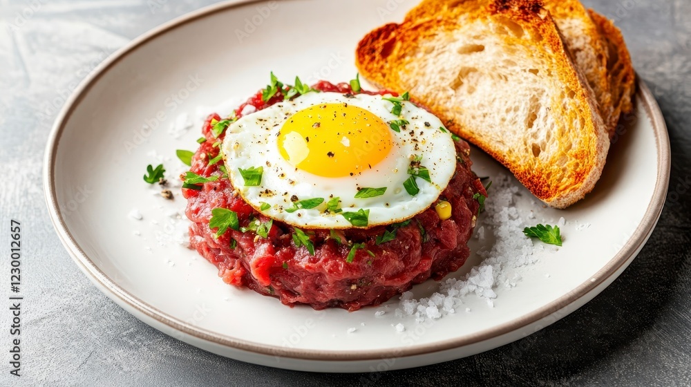 Fresh Beef Tartare with Egg Yolk and Toast on a Modern Plate Fresh Beef Tartare with Egg Yolk and Toast on a Modern Plate