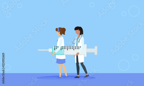 Doctors carrying giant syringe promoting vaccination and healthcare