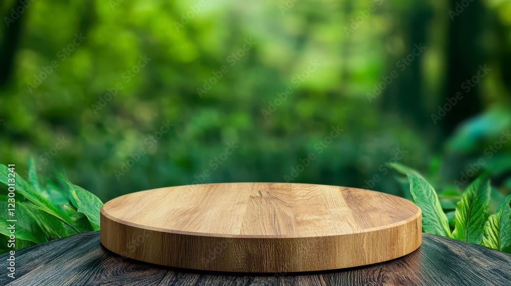 Wooden Tabletop in Lush Green Forest Environment for Display Wooden Tabletop in Lush Green Forest Environment for Display