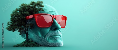A surreal depiction of an elderly man with a tree growing from his head, wearing red sunglasses.