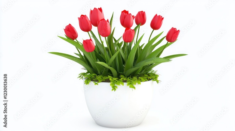 Red Tulips in White Pot on White Background Red Tulips in White Pot on White Background