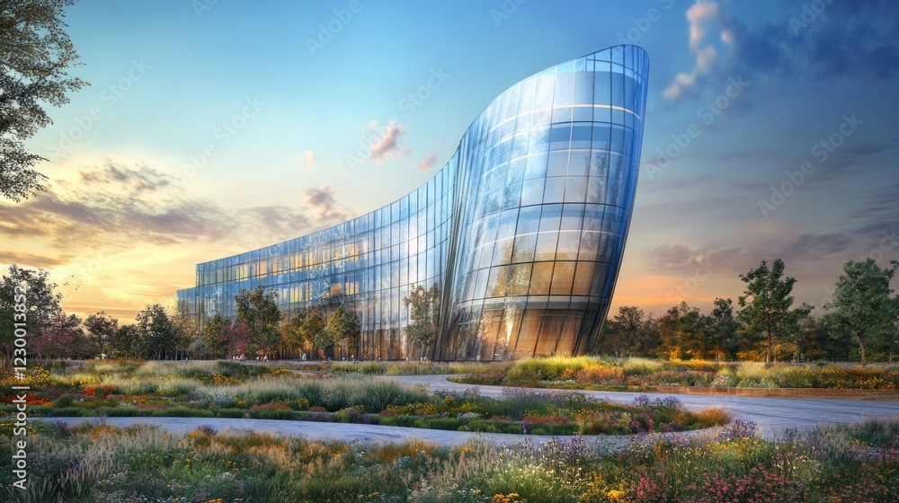 Obraz premium Modern Glass Building Amidst Vibrant Landscape