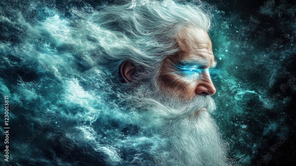 Majestic Elder Figure in Stormy Environment with Glowing Eyes Majestic Elder Figure in Stormy Environment with Glowing Eyes