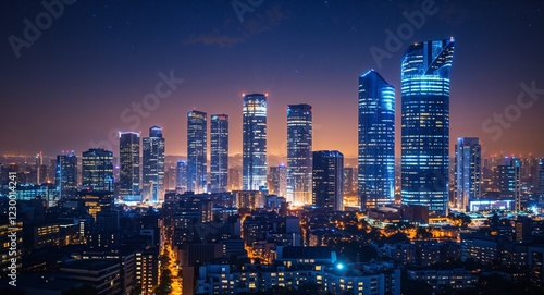 Modern city buildings glowing under city lights at night