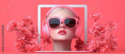 A stylish mannequin with headphones and sunglasses surrounded by pink flowers and a laptop.